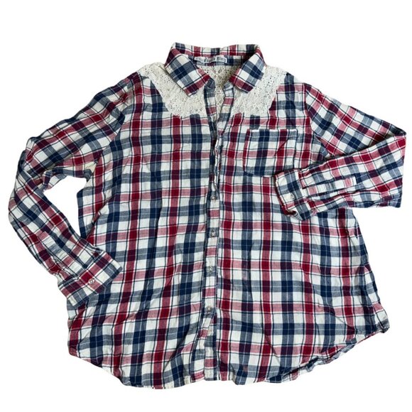 Cupids Diary Plaid Button-Up Shirt Lace Accents Size XL 100% Cotton Red/Blue - Picture 1 of 9